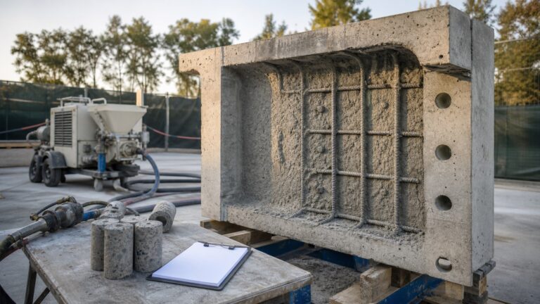 Shotcrete preconstruction concrete repair mockup with reinforcement, core samples, and placement equipment