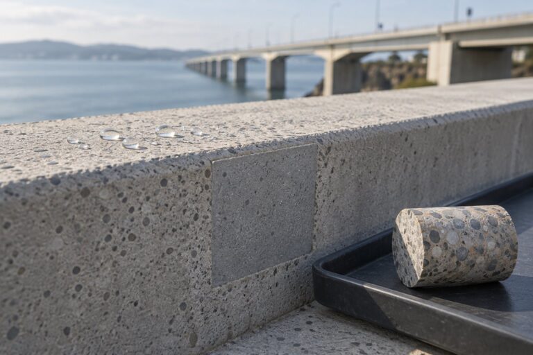 Conceptual concrete bridge inspection scene with a flush repair patch, water droplets and a core sample on a tray
