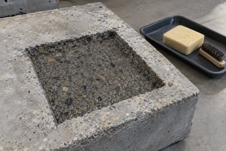 Conceptual workshop scene showing a damp prepared concrete repair recess beside a sponge and brush