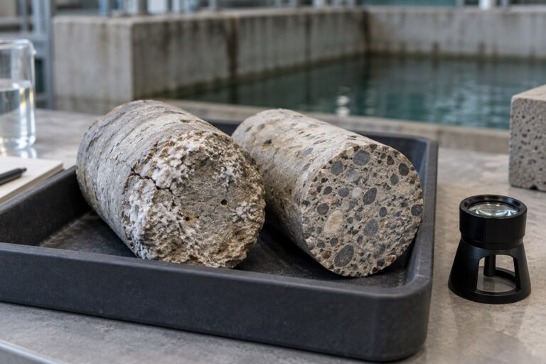 Conceptual concrete assessment scene with weathered core samples and an inspection magnifier beside a water-retaining structure