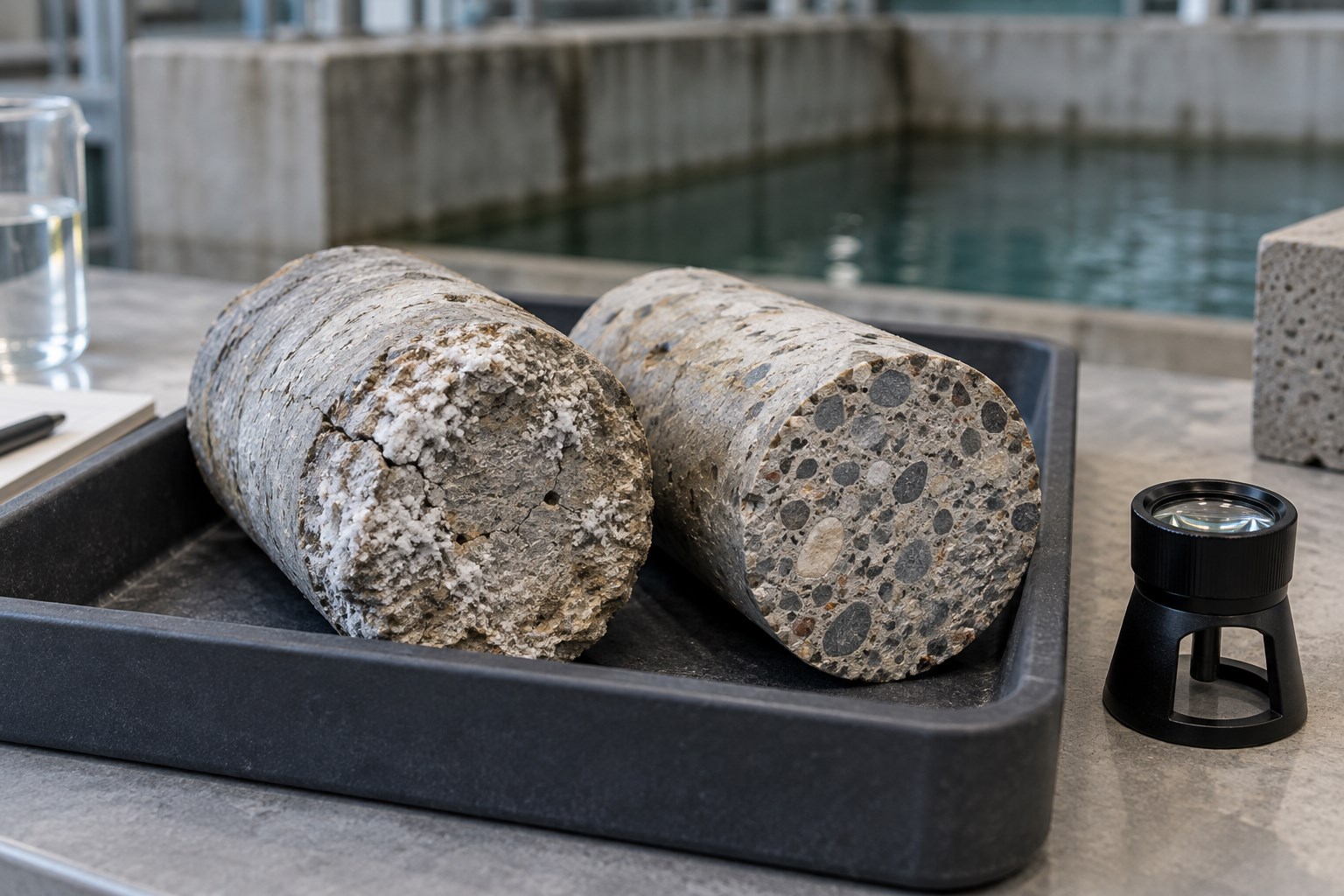 Conceptual concrete assessment scene with weathered core samples and an inspection magnifier beside a water-retaining structure