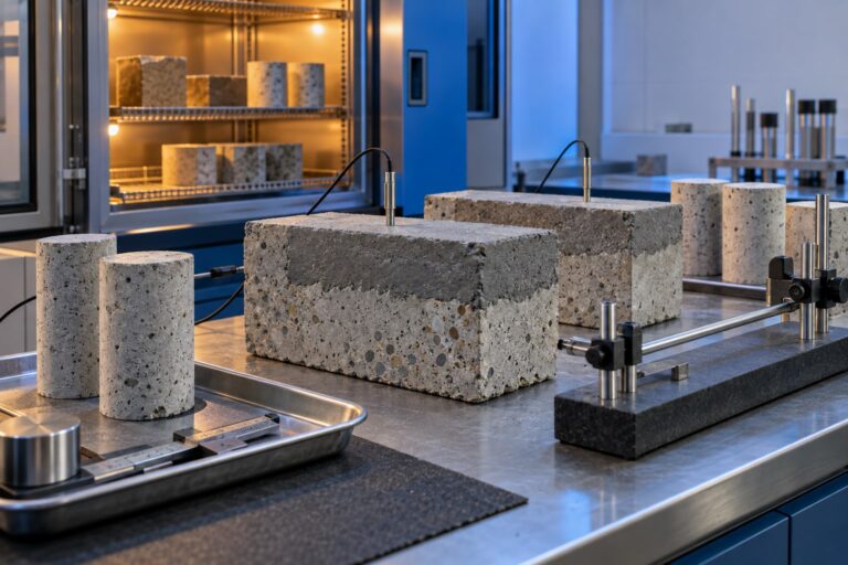 Concrete repair thermal compatibility laboratory with bonded overlay specimens, temperature chamber, probes, and length comparator