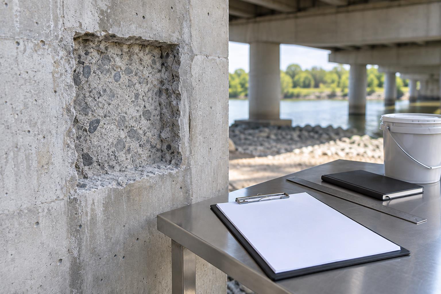 Illustrative concrete repair inspection setup with a roughened repair cavity and blank clipboard on an inspection table