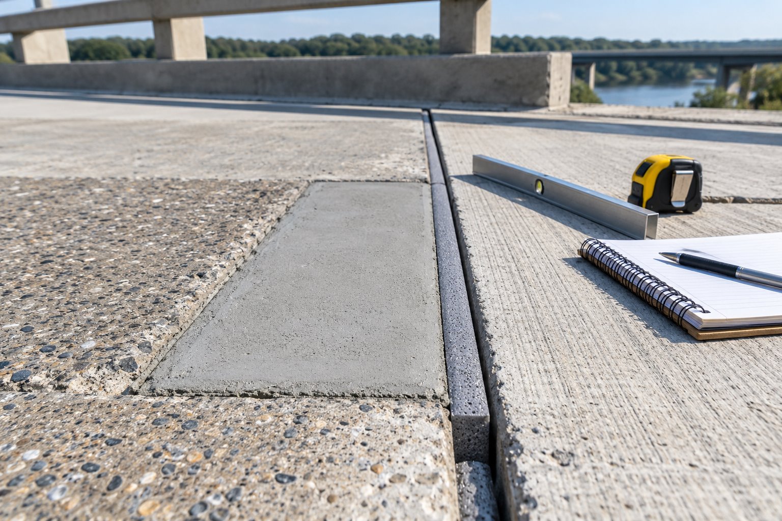 People-free inspection scene of a concrete bridge deck repair beside a working joint with straightedge and tape measure