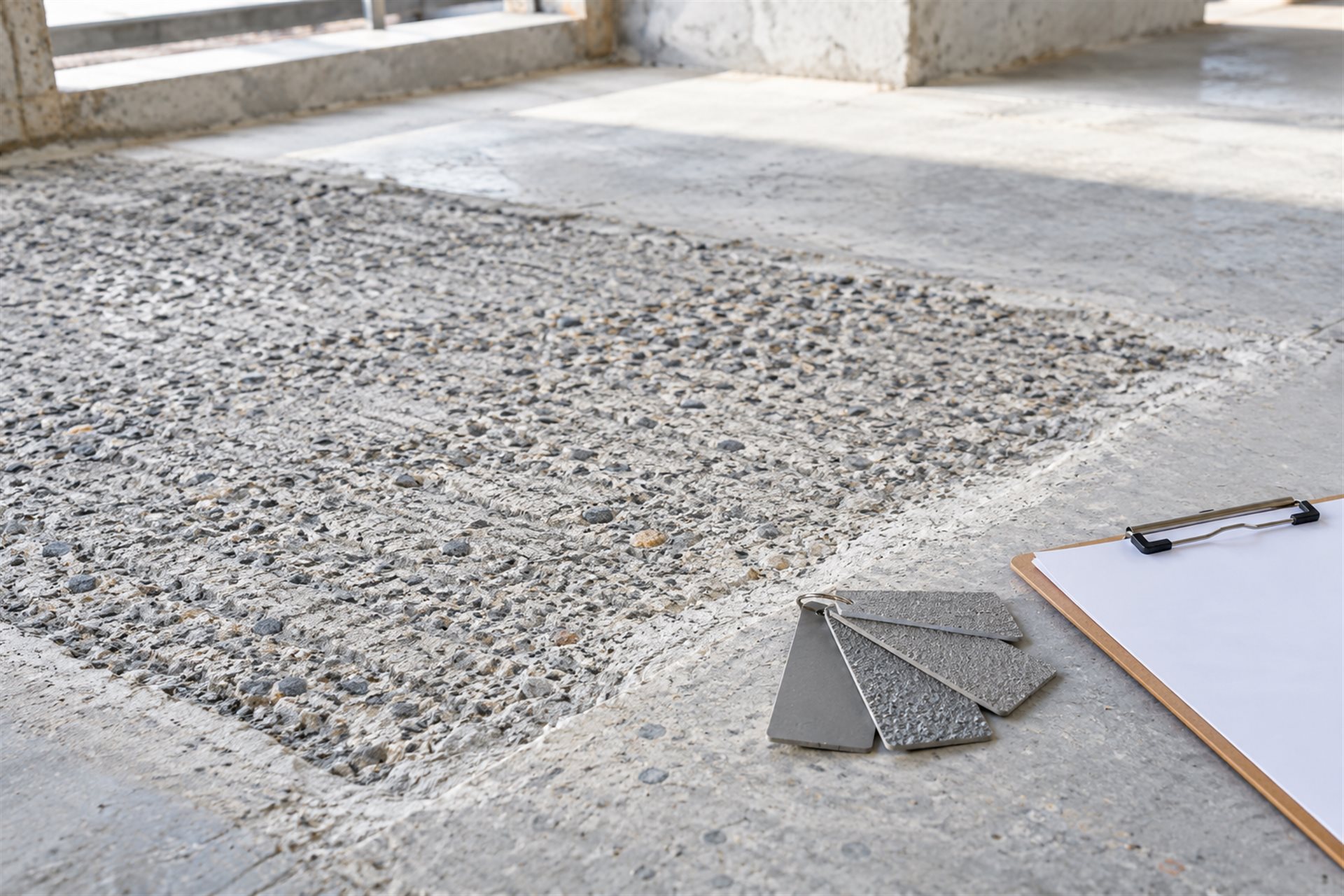 Prepared concrete repair surface with exposed aggregate, surface-profile comparator chips and a blank inspection clipboard