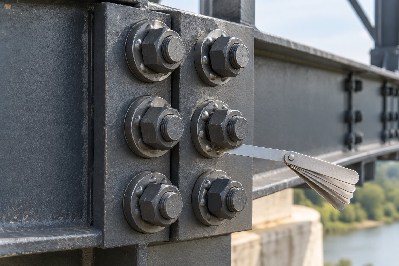 People-free structural steel splice with high-strength bolts, direct tension indicators, and a feeler gauge
