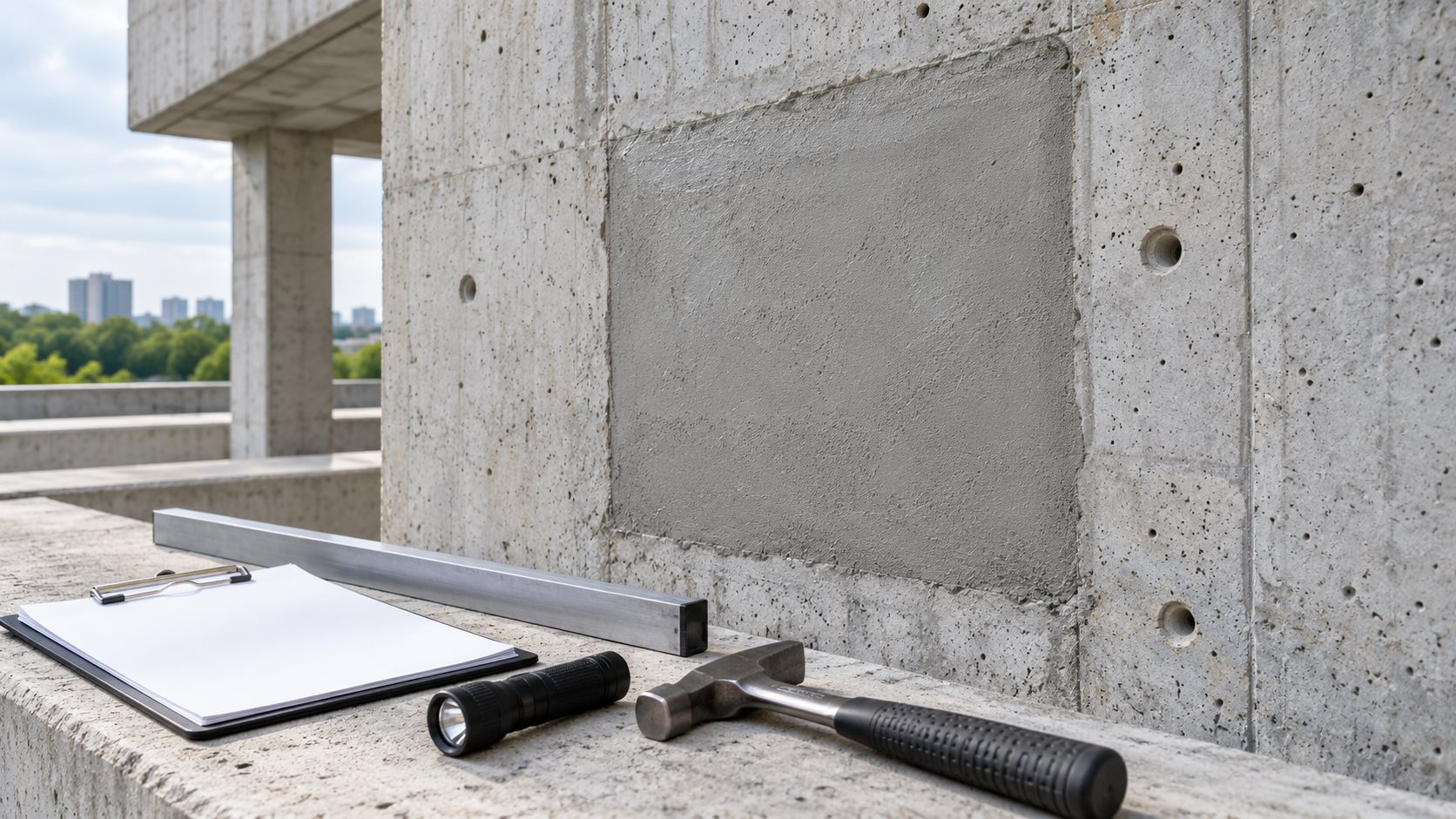 Cured concrete wall patch with inspection hammer, straightedge, flashlight and blank clipboard for post-repair acceptance review