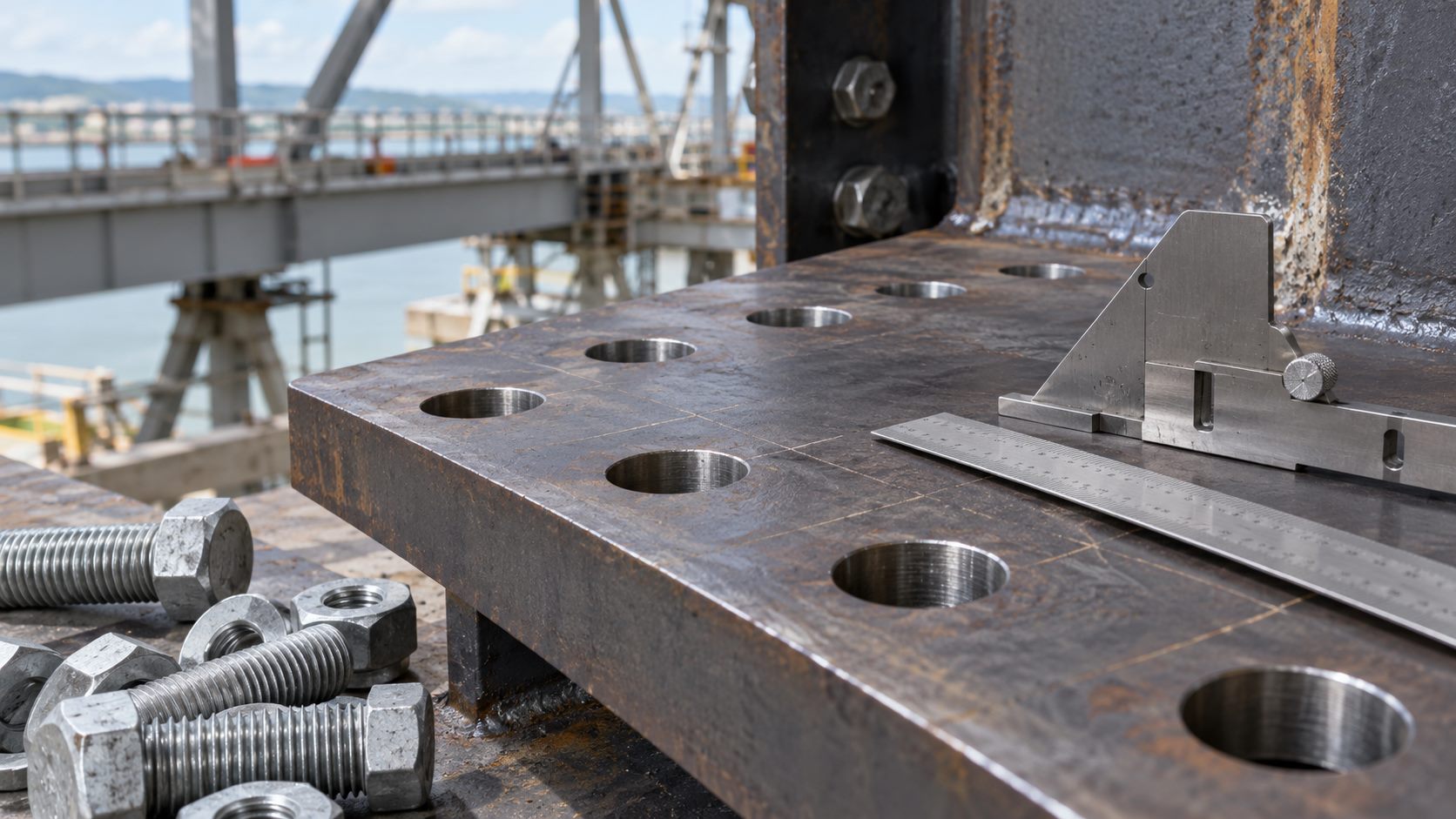 Structural steel connection plate with bolt holes, steel rule, and inspection gauge during repair assessment