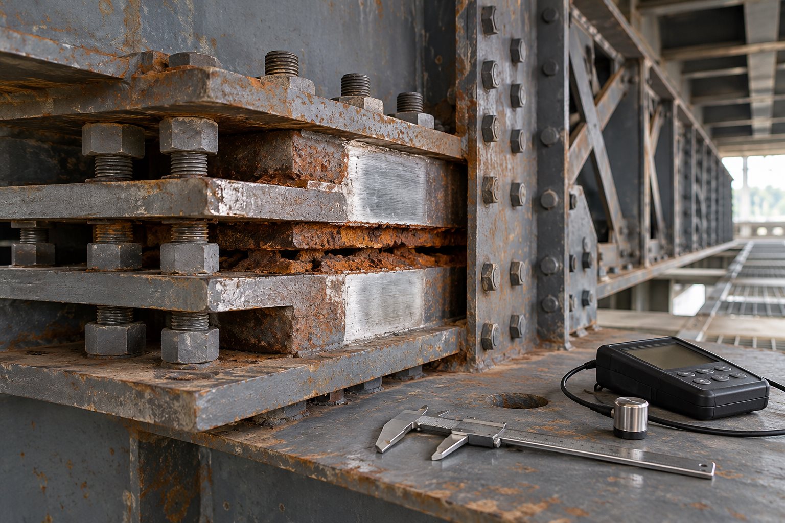 People-free structural steel built-up connection with pack rust between plates and inspection measuring tools