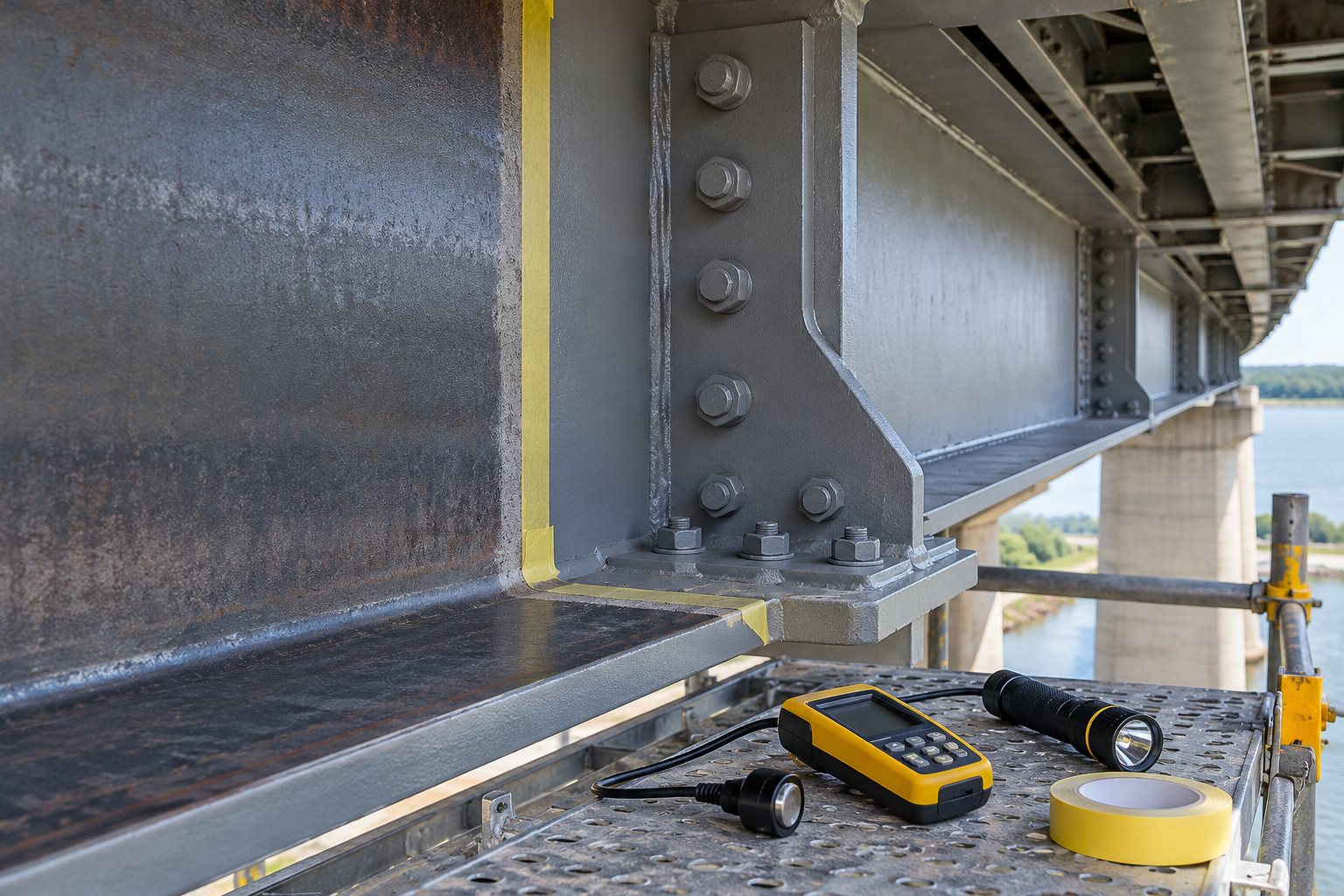 People-free structural steel bridge repair detail with prepared edges, inspection gauge, flashlight, and masking tape for stripe-coat QA/QC