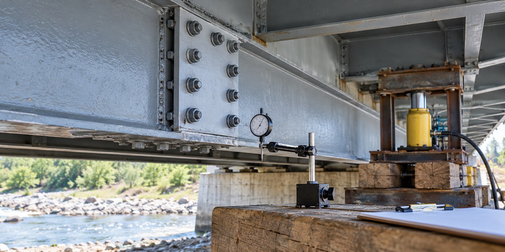 People-free steel bridge repair with a dial indicator, hydraulic jack, temporary support frame, and repaired girder splice during monitored support release