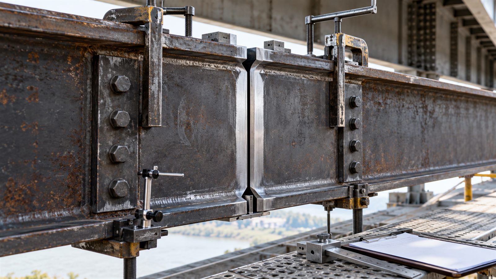 People-free structural steel bridge repair joint held in alignment clamps before welding inspection